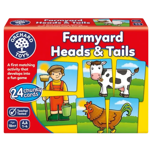 Orchard Toys Farmyard Heads & Tails comes in a box featuring vibrant illustrations of a farmer, cow, and chicken on colorful square cards. The text highlights it as "A first matching activity that develops into a fun game" and includes "24 chunky cards" suitable for ages 18 months and up, accommodating 1-4 players.