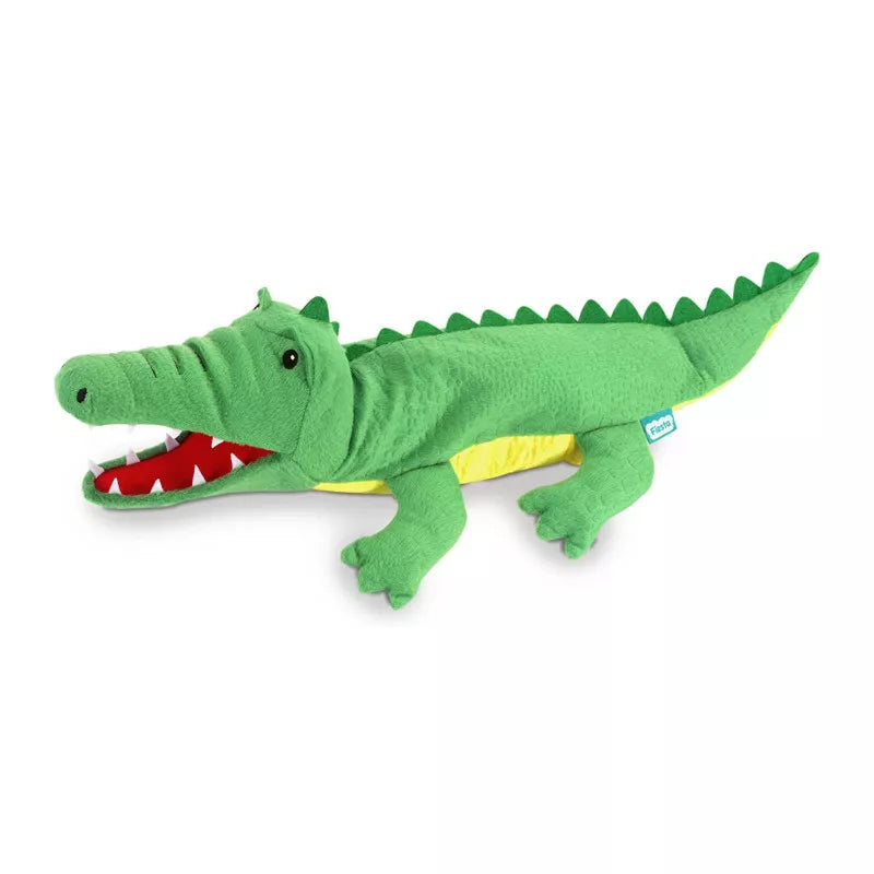 A kids' hand puppet crocodile for a puppet show, displayed on a white background.