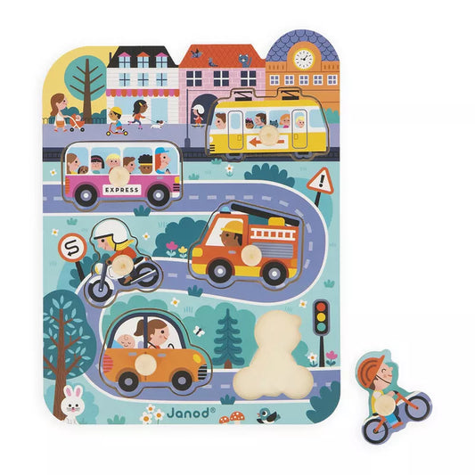 A picture of Janod In the Town Puzzle with a picture of a bus and.