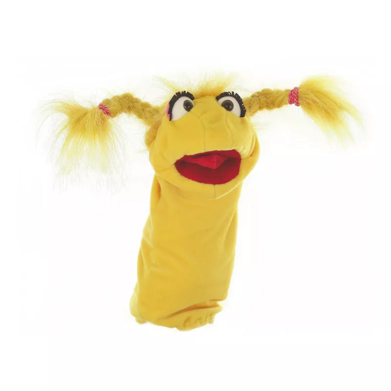 A kid-friendly Mrs Schnatterschnute Glove Puppet with long hair, ready for a lively puppet show.