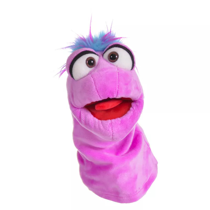 A kids' puppet show featuring a Living Puppets Tüffelchen Glove Puppet with a blue nose.