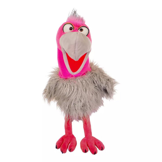 A pink and grey Living Puppets Lari-fari Hand Puppet is standing on a white background for kids' puppet show fun!