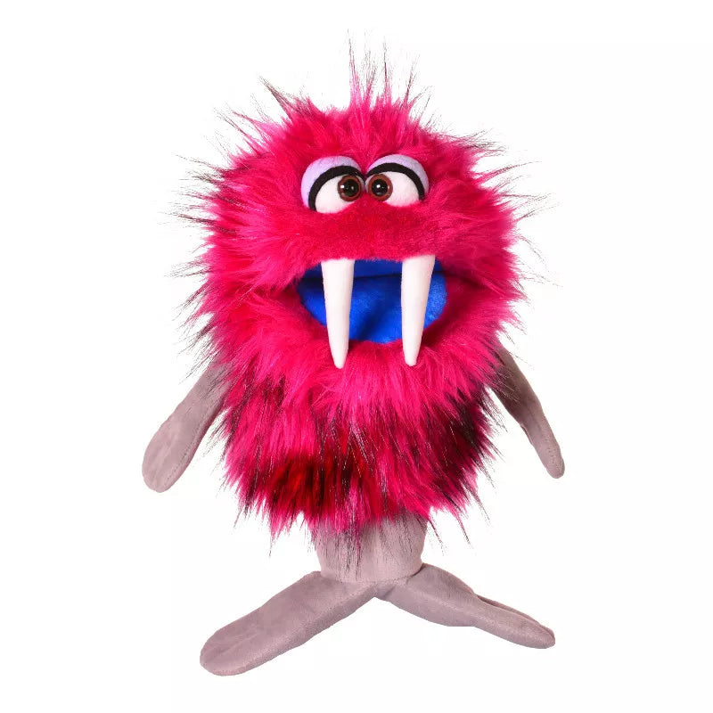 A kid-friendly puppet show featuring the whimsical Living Puppets Monster Hand Puppet Pütscherich with vibrant blue teeth and fur.