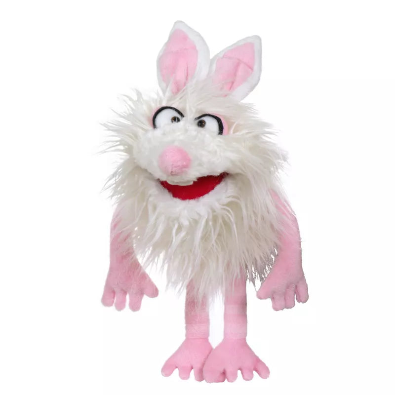 A hand puppet with pink ears is standing on a white background, perfect for puppet shows and entertaining kids.