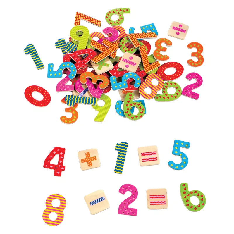 A pile of New Classic Toys Magnetic Numbers - 60 pcs. on a white background.