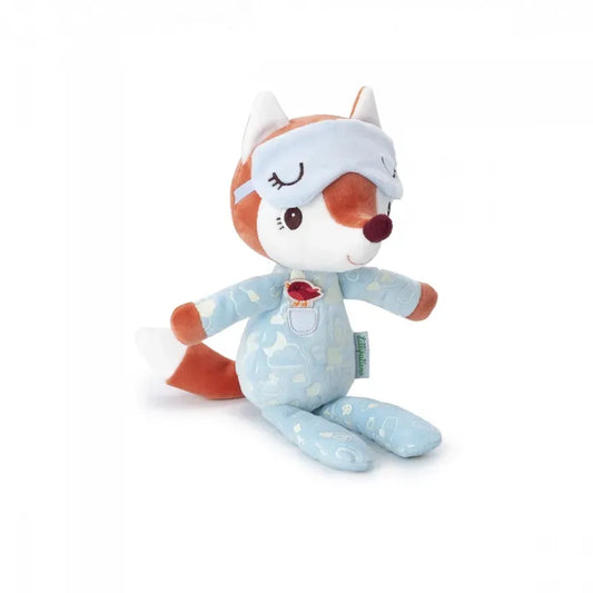 An Alice soft toy fox wearing glow-in-the-dark pyjamas with a mushroom pattern and a matching sleep mask over its eyes. The fox has a red and white body with a small red heart on its onesie pocket. The toy is sitting upright and can be machine-washed for easy care, known as the Lilliputiens Alice Night Friend.