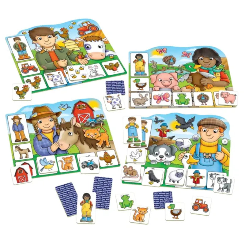 Four vibrant farm-themed lotto boards featuring illustrations of farmers, animals, tractors, and assorted farm items from the Orchard Toys Old Macdonald Lotto game. Each board is accompanied by matching picture pieces for gameplay.