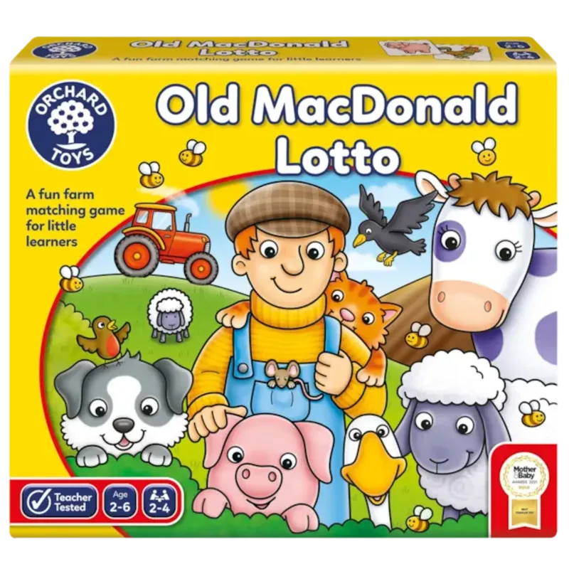 Image of the Orchard Toys Old Macdonald Lotto game box. The cover depicts a farmer with farm animals, including a cow, sheep, dog, pig, and hen, set against a backdrop of farming scenery with a tractor. Designed for children aged 2-6.