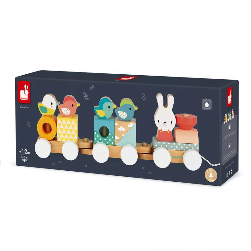 Janod Pure Wooden Train with animals on it.