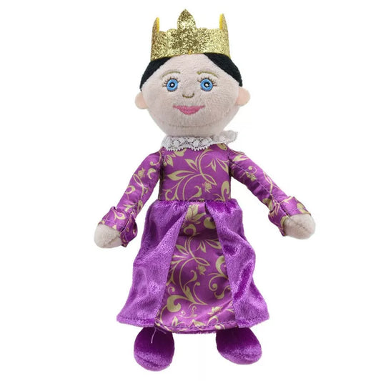 A Puppet Company finger puppet queen adorned in purple and gold delights kids during a puppet show.