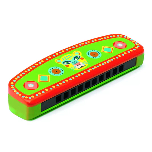 A Djeco Animambo Harmonica, designed for musicians, is a colorful toy harmonica.