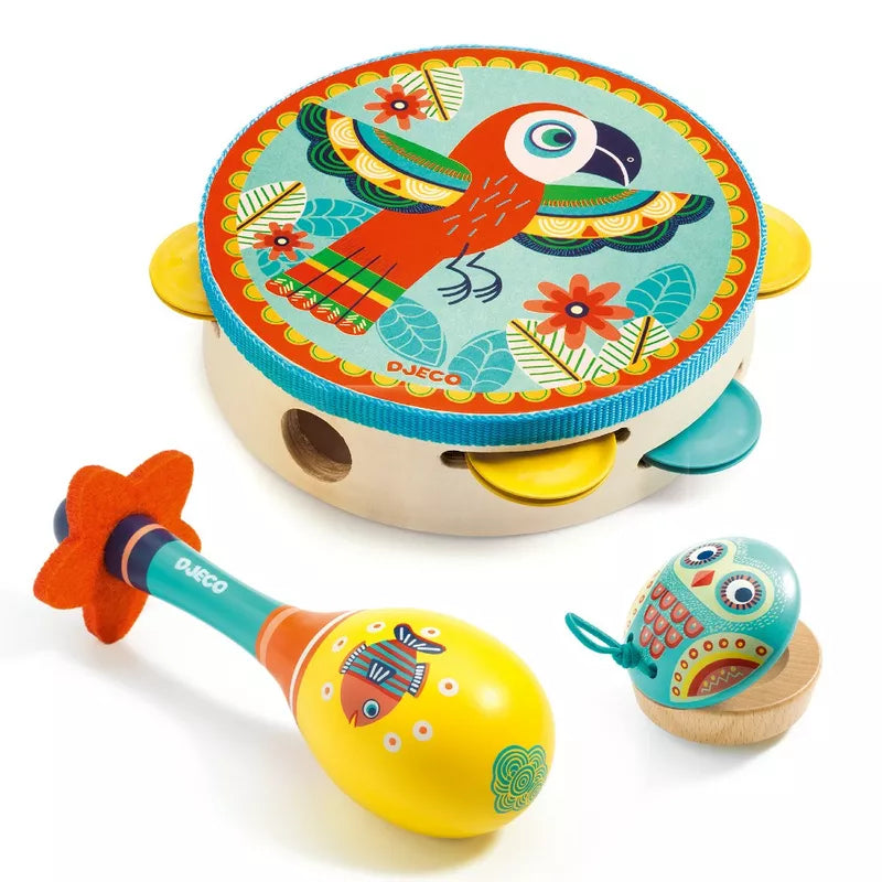 A Djeco Animambo 3 Musical Instruments toy with a bird and a bird on it.
