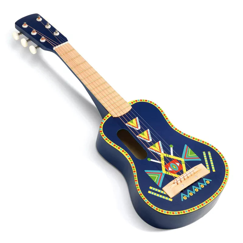 A Djeco Animambo Guitar with a colorful design on it.