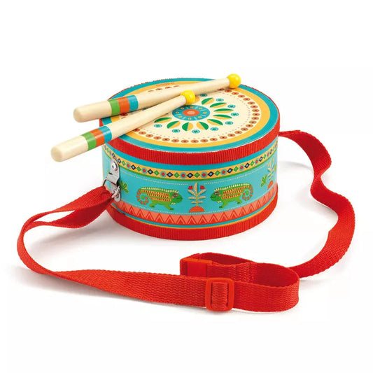 A Djeco Animambo Hand Drum with a red strap on a white background.
