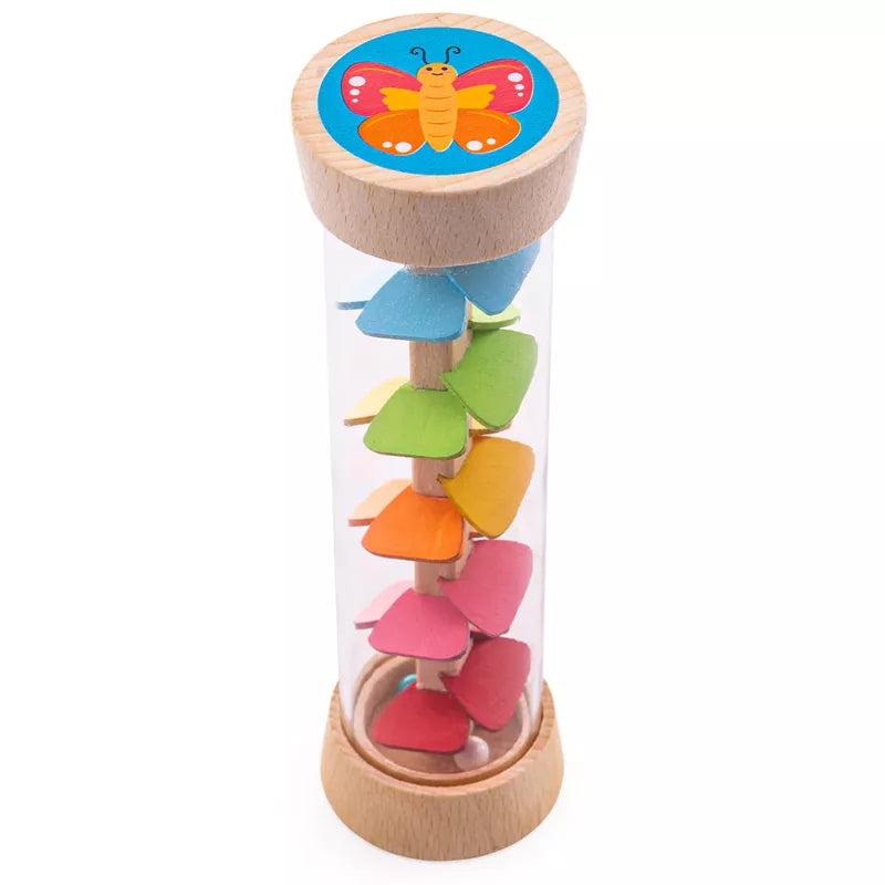A Bigjigs Garden Rainmaker with a colorful butterfly on it, perfect for imaginative play.